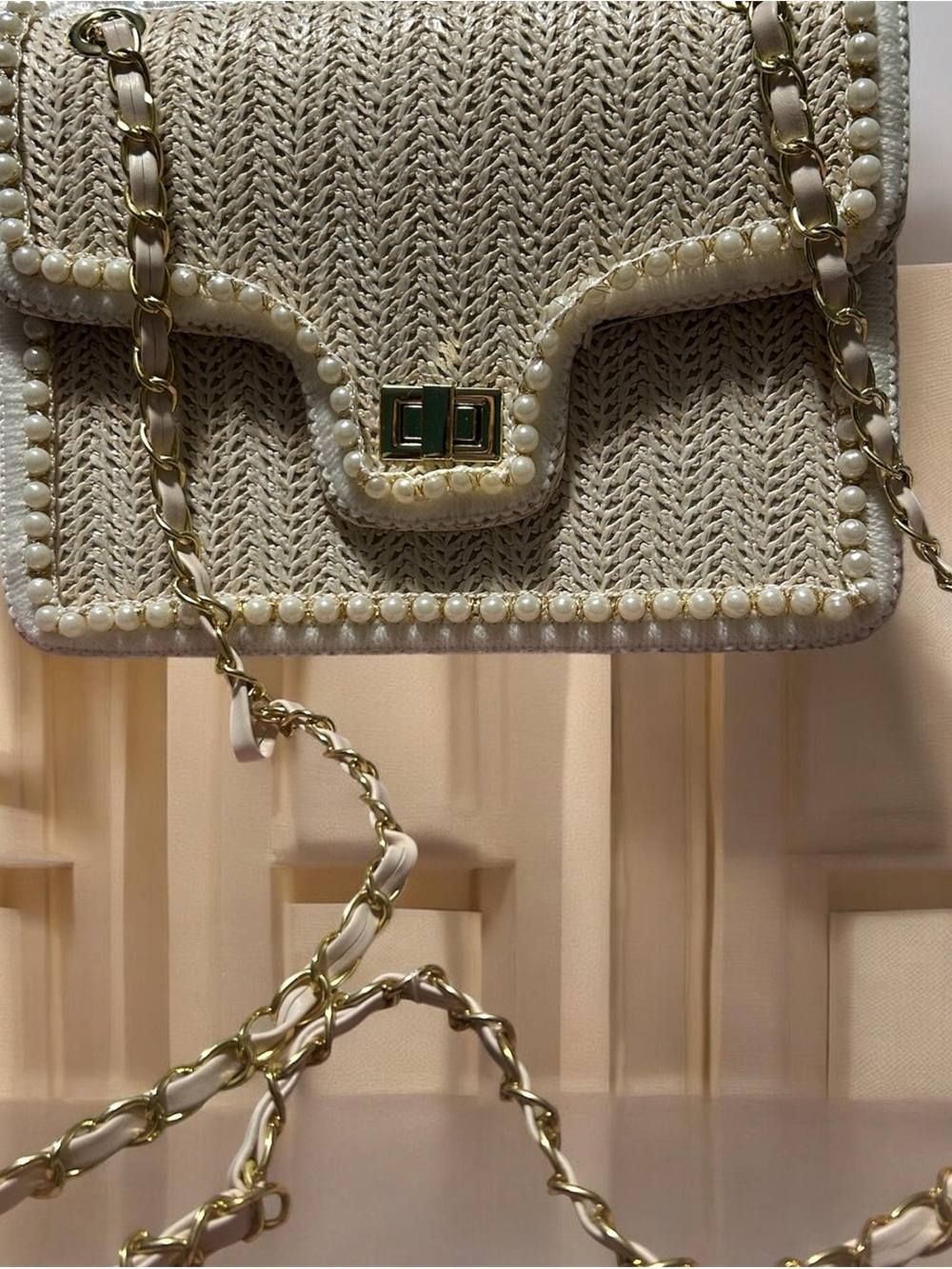 Woven Pearl-Trim Shoulder Bag in Cream